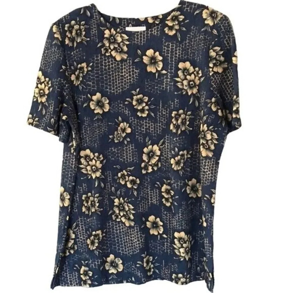 Vintage Floral Print Top Short Sleeve Blue Beige Patterned Shirt‎ - Picture 1 of 10